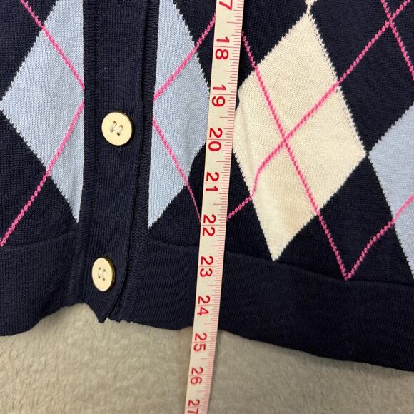 Preppy Argyle Cardigan Button Up Y2k Macy's Cotton Navy Blue Grandmacore Size M - Picture 4 of 7